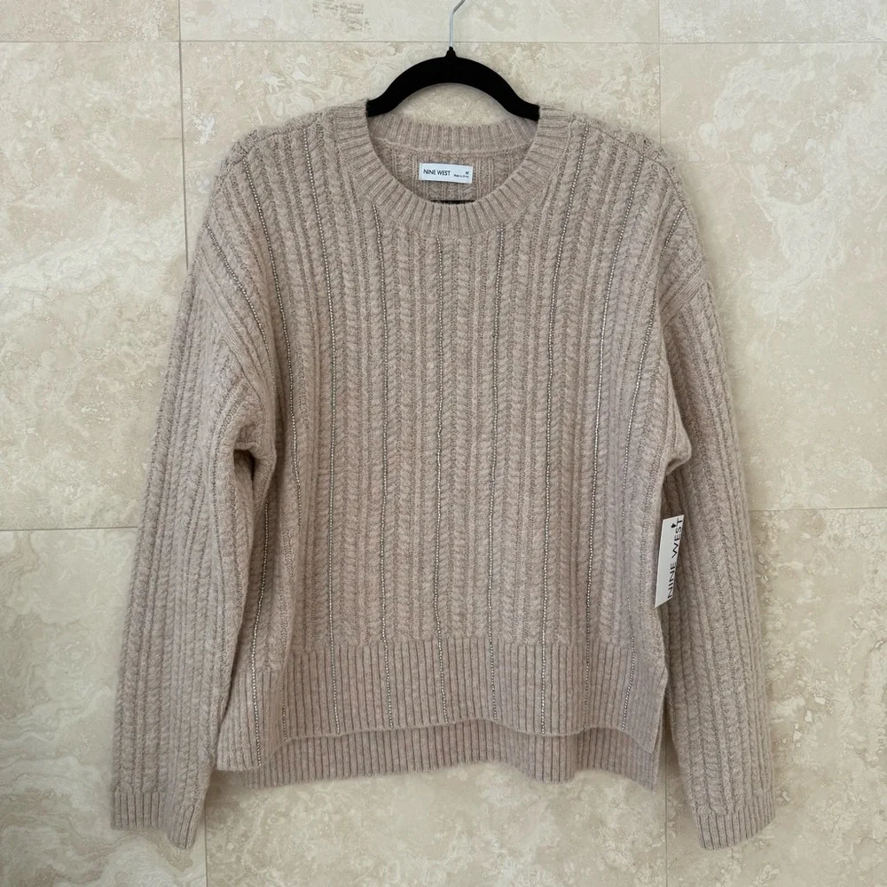 Nine West Beige Ribbed Rhinestone Knit Sweater Crew Neck Fuzzy Medium NWT